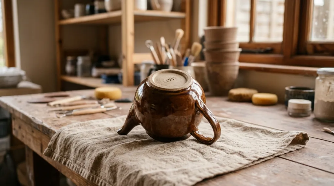 Théière en grès émaillé brun séchant à l'envers sur un torchon en lin naturel, lumière douce d'atelier de potier