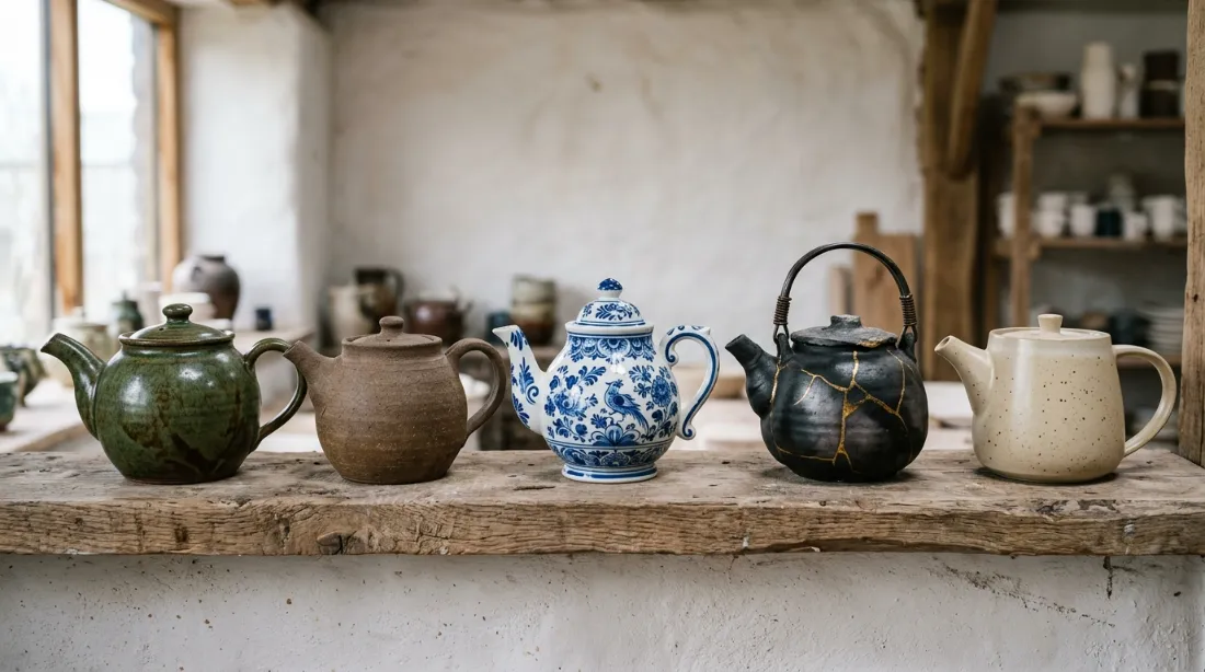 Cinq théières en céramique sur étagère en bois brut : grès émaillé vert, grès non émaillé brun, faïence bleue et blanche, raku noir aux craquelures dorées, céramique artisanale contemporaine beige