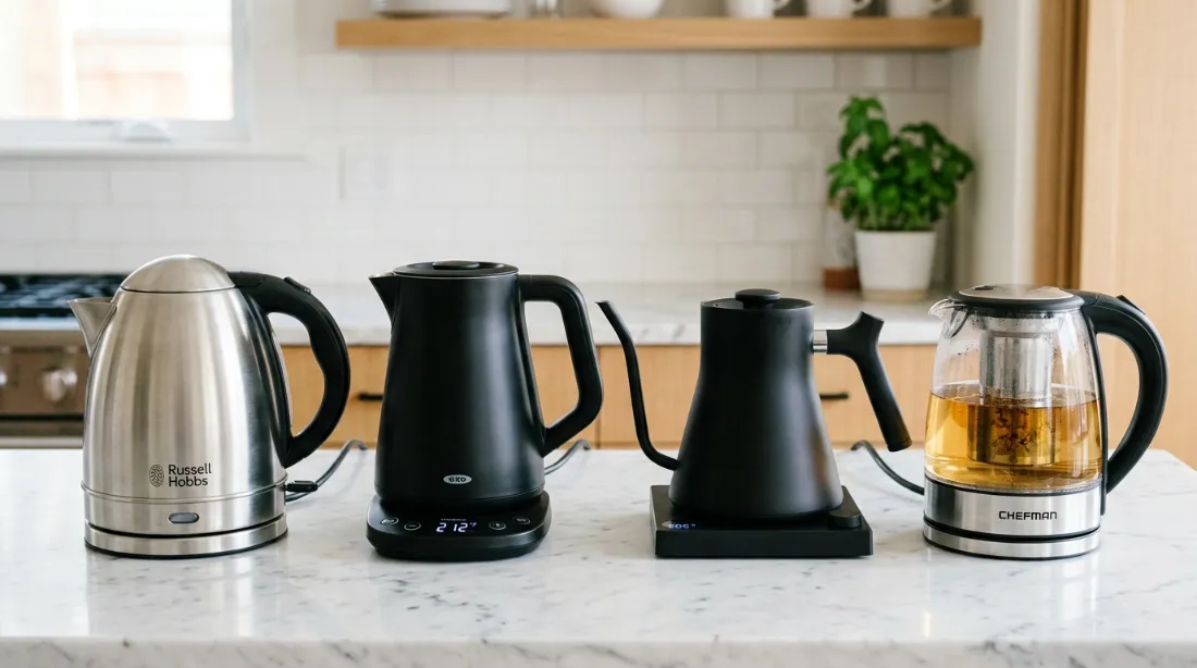 Quatre théières électriques alignées sur plan de travail : bouilloire classique acier, bouilloire température variable avec écran, gooseneck Fellow Stagg et théière en verre avec infuseur intégré