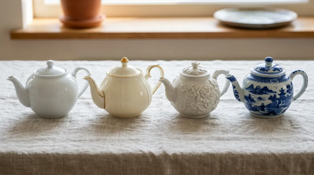Quatre théières en porcelaine côte à côte : blanche Limoges, bone china anglaise ivoire, blanc de Chine sculpté et bleue et blanche Jingdezhen