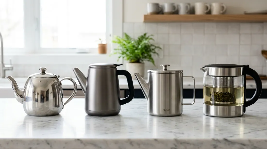 Quatre théières en acier inoxydable sur plan de travail en marbre : simple paroi classique, double paroi isolante, théière design Alessi et modèle avec infuseur intégré visible