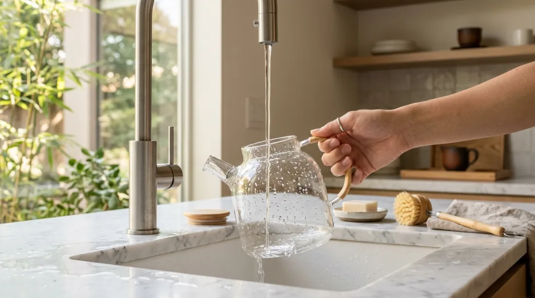 Rinçage délicat d'une théière en verre sous un filet d'eau claire, surface en marbre blanc, lumière naturelle de fenêtre