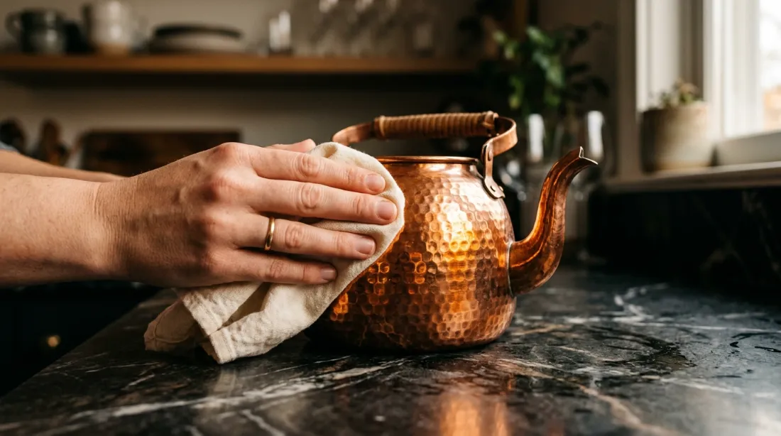 Main polissant l'extérieur d'une théière en cuivre martelé avec un chiffon doux, reflets orangés chauds, surface de marbre sombre