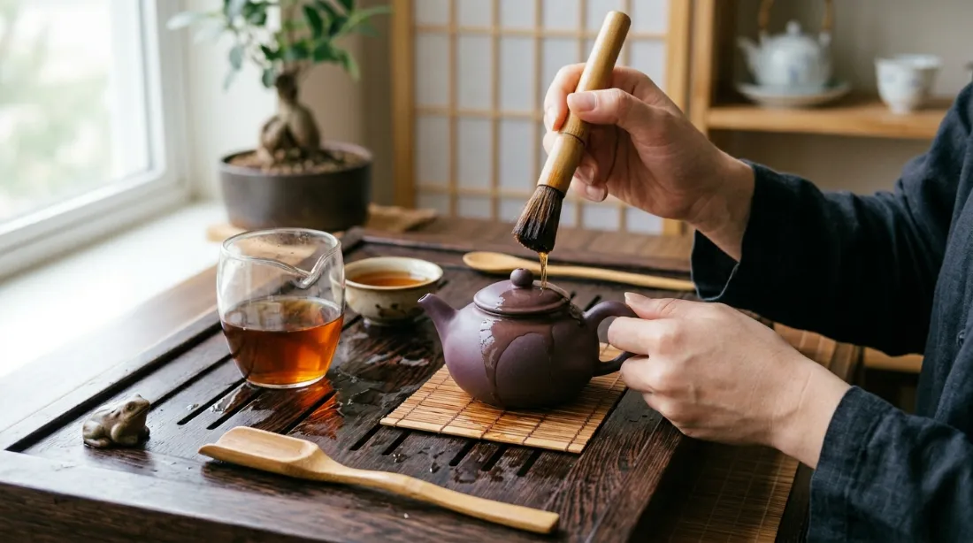 Geste de yanghu : versement de thé chaud sur l'extérieur d'une théière zisha violette avec un pinceau de bambou, plateau en bois sombre, lumière naturelle zen