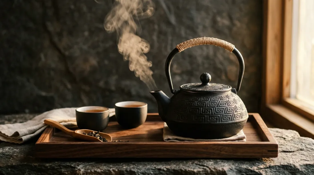 Théière japonaise en fonte noire sur table en bois