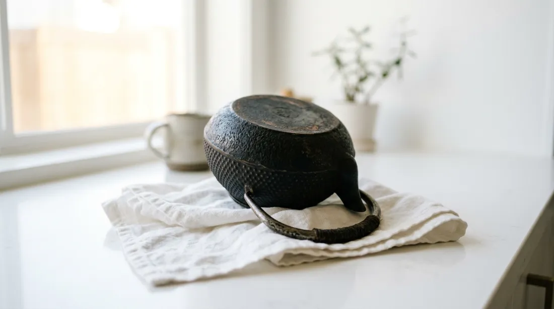 Théière en fonte japonaise retournée sur un linge en lin blanc pour séchage, lumière naturelle douce en fond