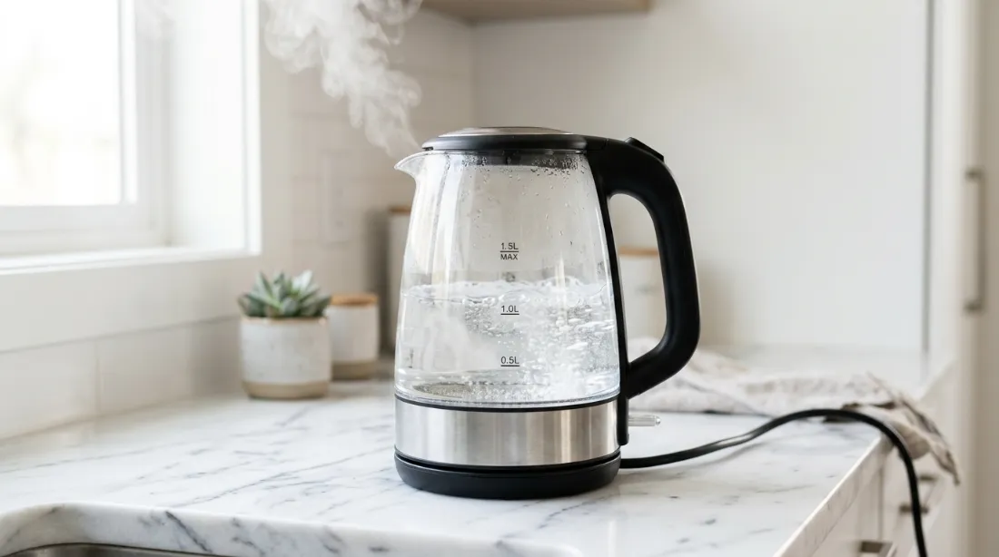 Détartrage d'une théière électrique en verre avec solution de vinaigre blanc, vapeur visible, plan de travail épuré, lumière naturelle