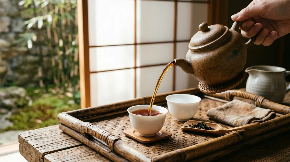 Théière zisha Yixing en argile violette sur plateau en bambou, thé oolong Wuyi versé dans une coupe en porcelaine, lumière naturelle latérale douce