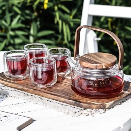 Service à thé Scandinave en Verre et Bois d'Acacia 600ML