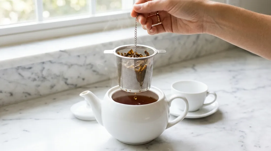 Infuseur en acier inoxydable extrait d'une théière, feuilles de thé noir bien infusées, plan de travail en marbre blanc, lumière naturelle épurée