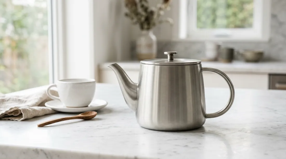Théière en acier inoxydable brossé au design épuré sur plan de travail en marbre blanc, lumière naturelle studio