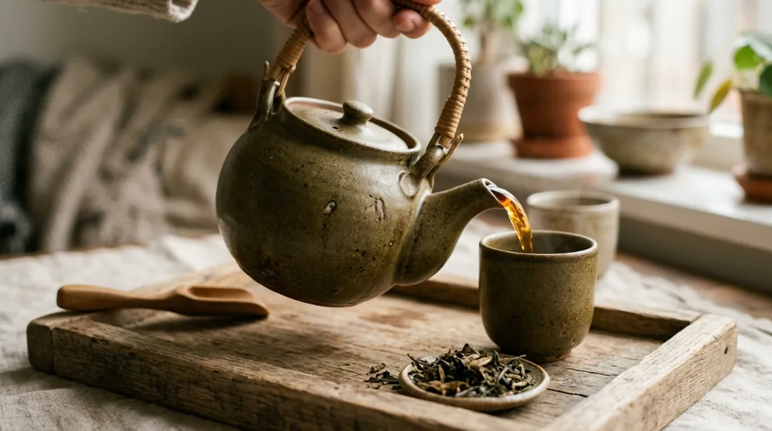 Théière en céramique artisanale aux tons chauds