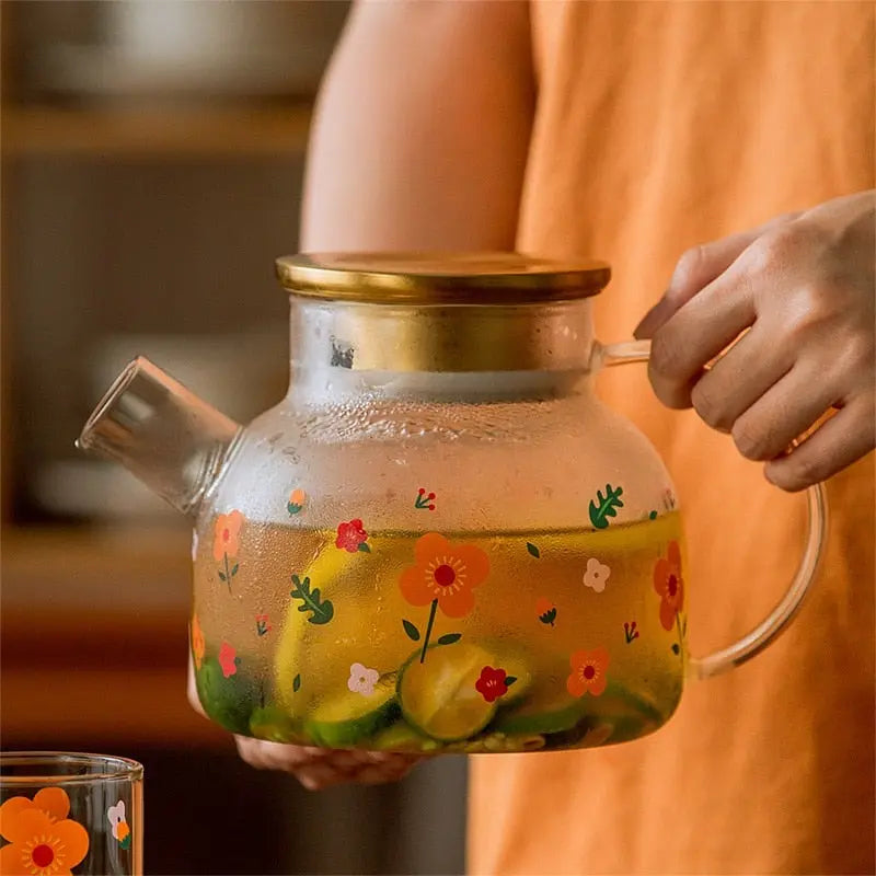 Théière en Verre Couvercle Doré avec motifs Fleurs 1L - 1.7L