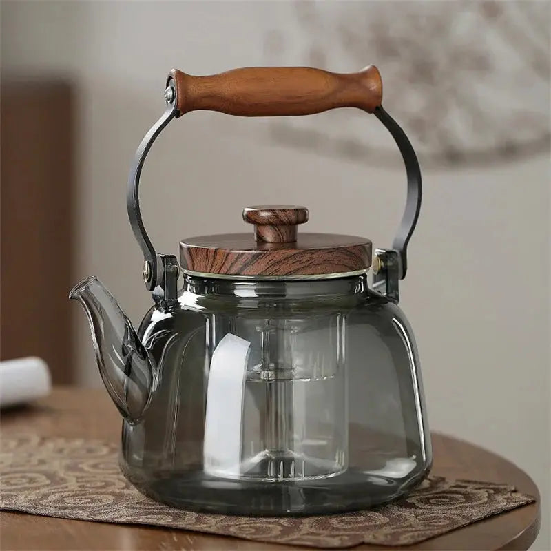 Théière en Verre et Bois Grise Transparente 900ml