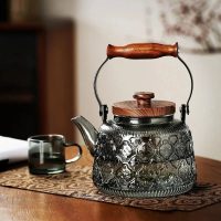 Théière en Verre et Bois Grise Transparente Embossée 900ml