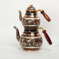Théière Turque Double Étage en Cuivre et Motifs Fleurs