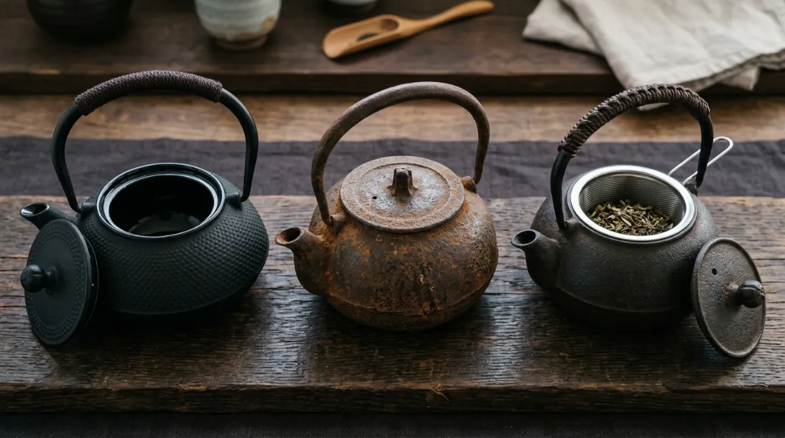 Trois théières en fonte côte à côte sur bois sombre : fonte émaillée noire, tetsubin traditionnel brut et fonte avec infuseur en inox