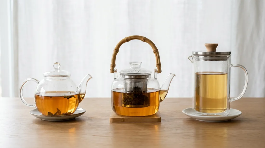 Trois théières en verre côte à côte sur bois clair, verre soufflé artisanal, borosilicate avec anse bambou, et double paroi