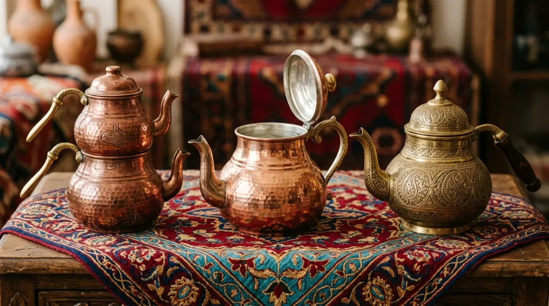 Trois théières en cuivre alignées sur tissu oriental brodé : çaydanlık turc en cuivre rouge, bouilloire en cuivre étamé intérieur, théière de style indo-persan en laiton gravé