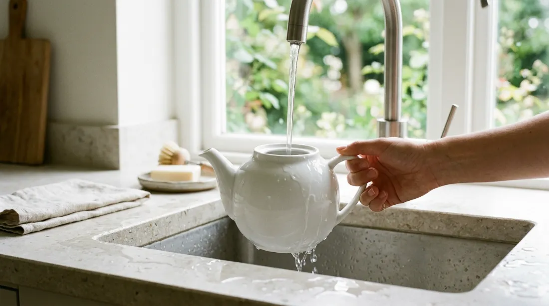 Théière en porcelaine blanche en train d'être rincée à l'eau claire sur évier en pierre claire, lumière naturelle de fenêtre