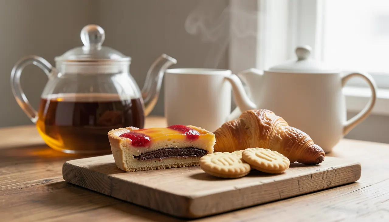 Accords thé et pâtisseries : exemples visuels Assortiment de pâtisseries françaises sur plateau en bois : tarte aux fraises, éclair au chocolat, croissant, madeleines, avec théières en verre et porcelaine en arrière-plan