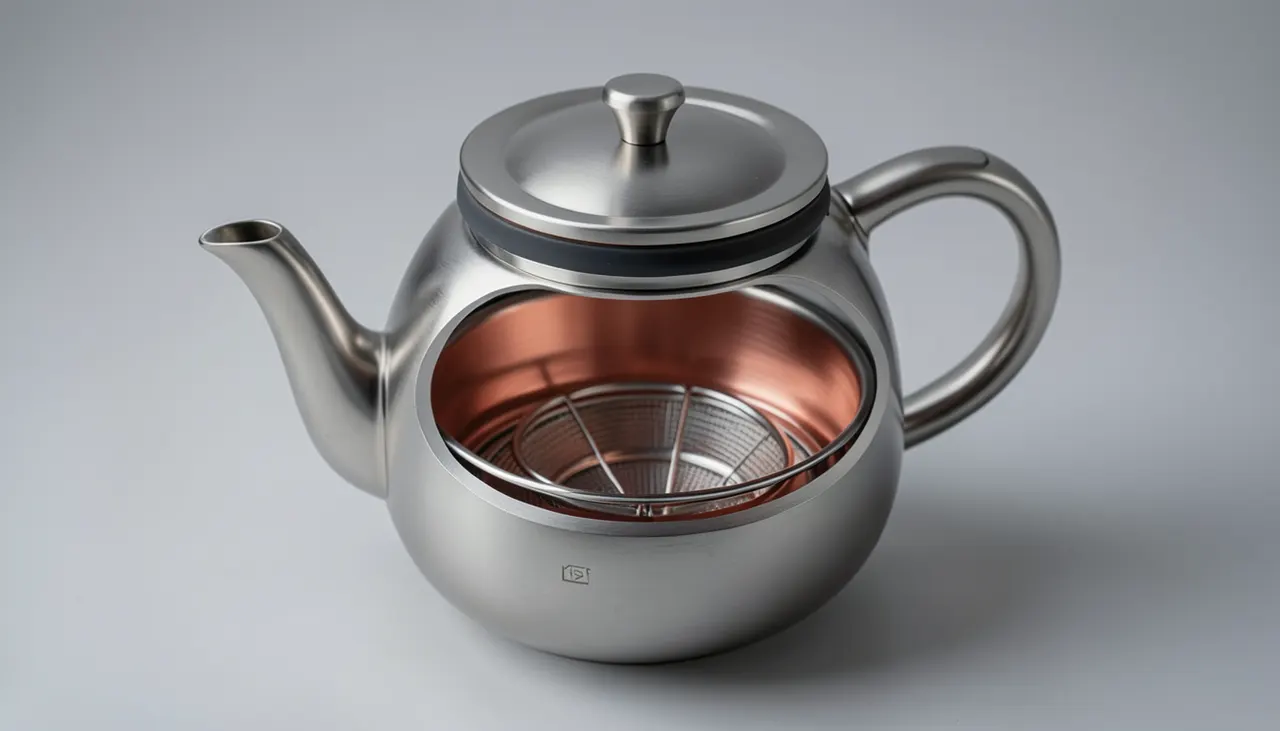 Anatomie d'une théière nomade isotherme performante Coupe technique schématique d'une théière nomade à double paroi inox montrant le vide d'air, le joint silicone et l'infuseur intégré