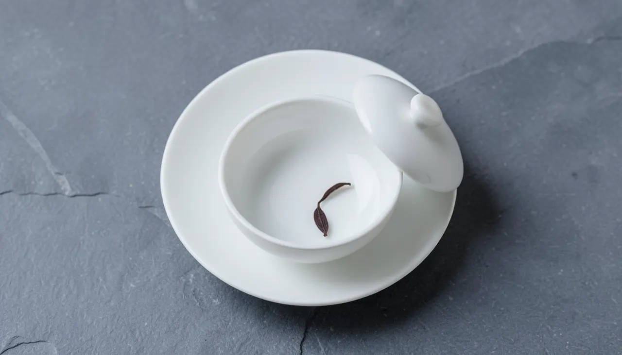 Anatomie du gaiwan : soucoupe, bol, couvercle Gaiwan démonté montrant la soucoupe, le bol et le couvercle en porcelaine blanche