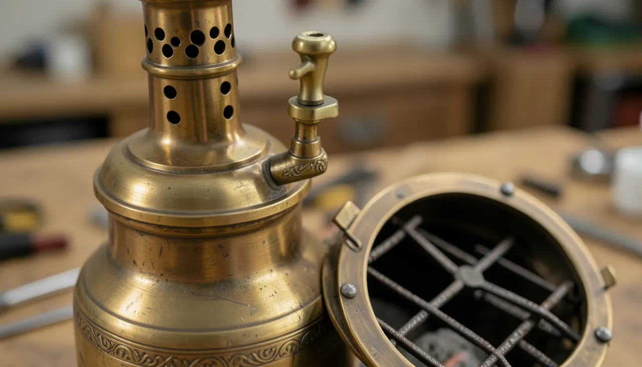 Anatomie du samovar : foyer, cheminée et robinet Détail anatomique samovar : robinet laiton, couronne cheminée, foyer ouvert montrant grille charbon