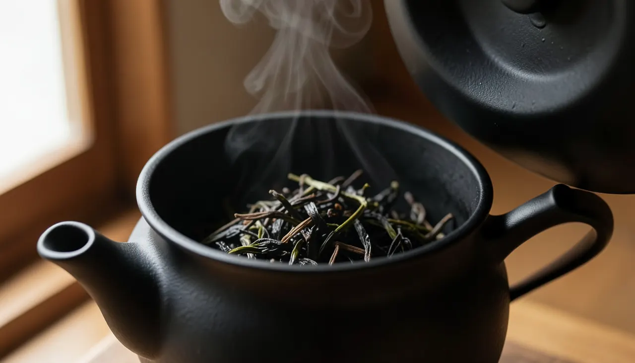 Bain de thé sacrifice pour culottage Étape du culottage : théière en fonte remplie de feuilles de thé oolong humides lors du bain initial