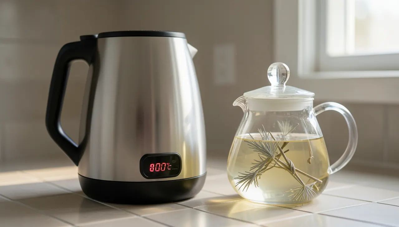 Bouilloire à température contrôlée pour thé blanc Bouilloire à température réglée sur 80 degrés Celsius à côté d'une théière en verre avec thé blanc