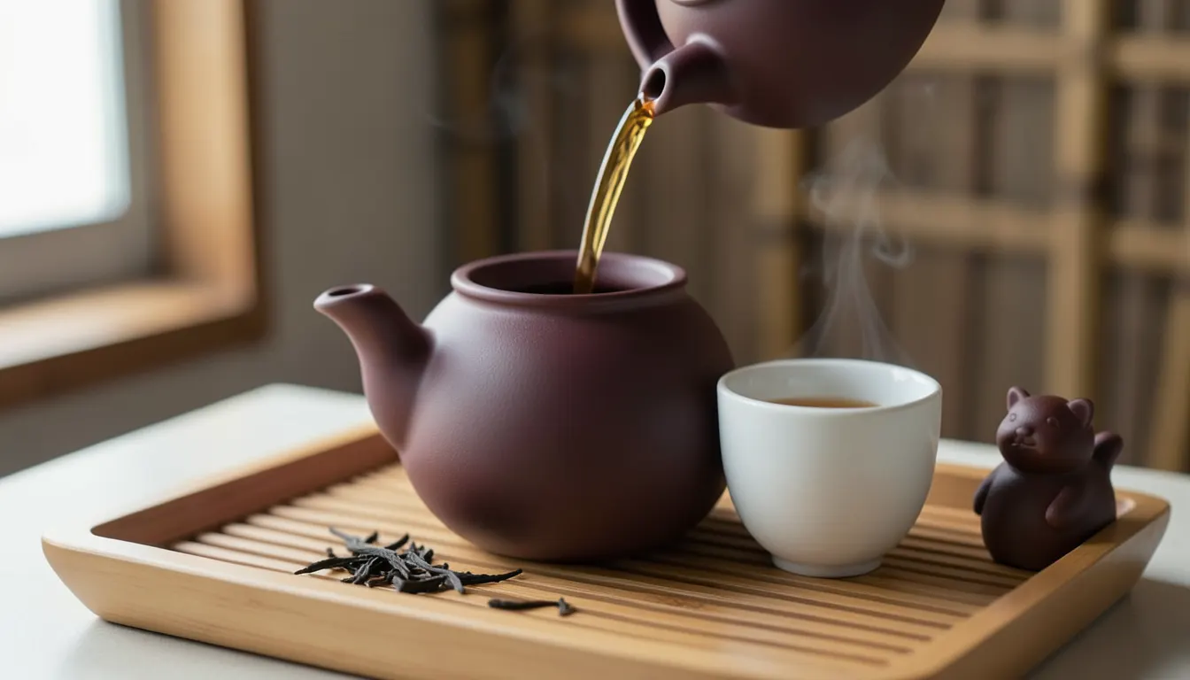 Théière en argile Yixing et tasse à thé en porcelaine blanche sur plateau en bambou, infusion de thé Oolong ambrée en cours