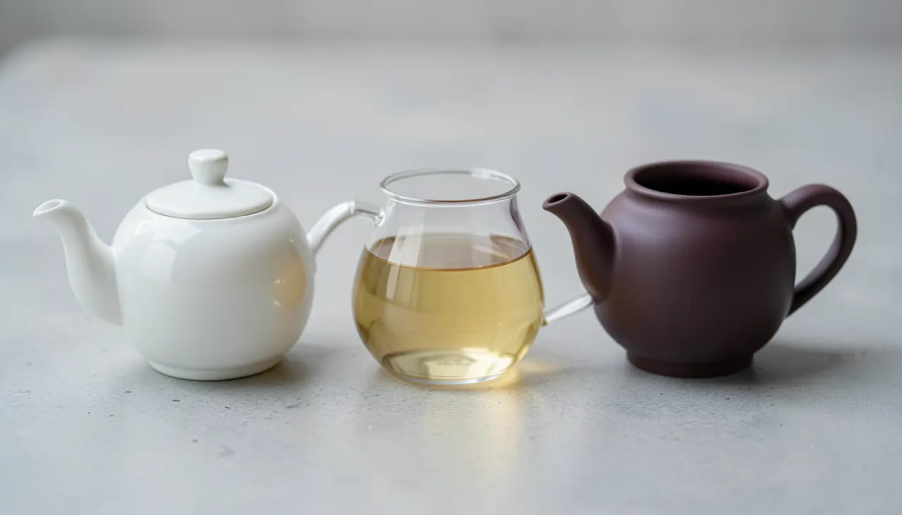 Choix du matériau théière pour thé blanc Trois théières côte à côte : porcelaine blanche, verre transparent, argile violette, lumière douce
