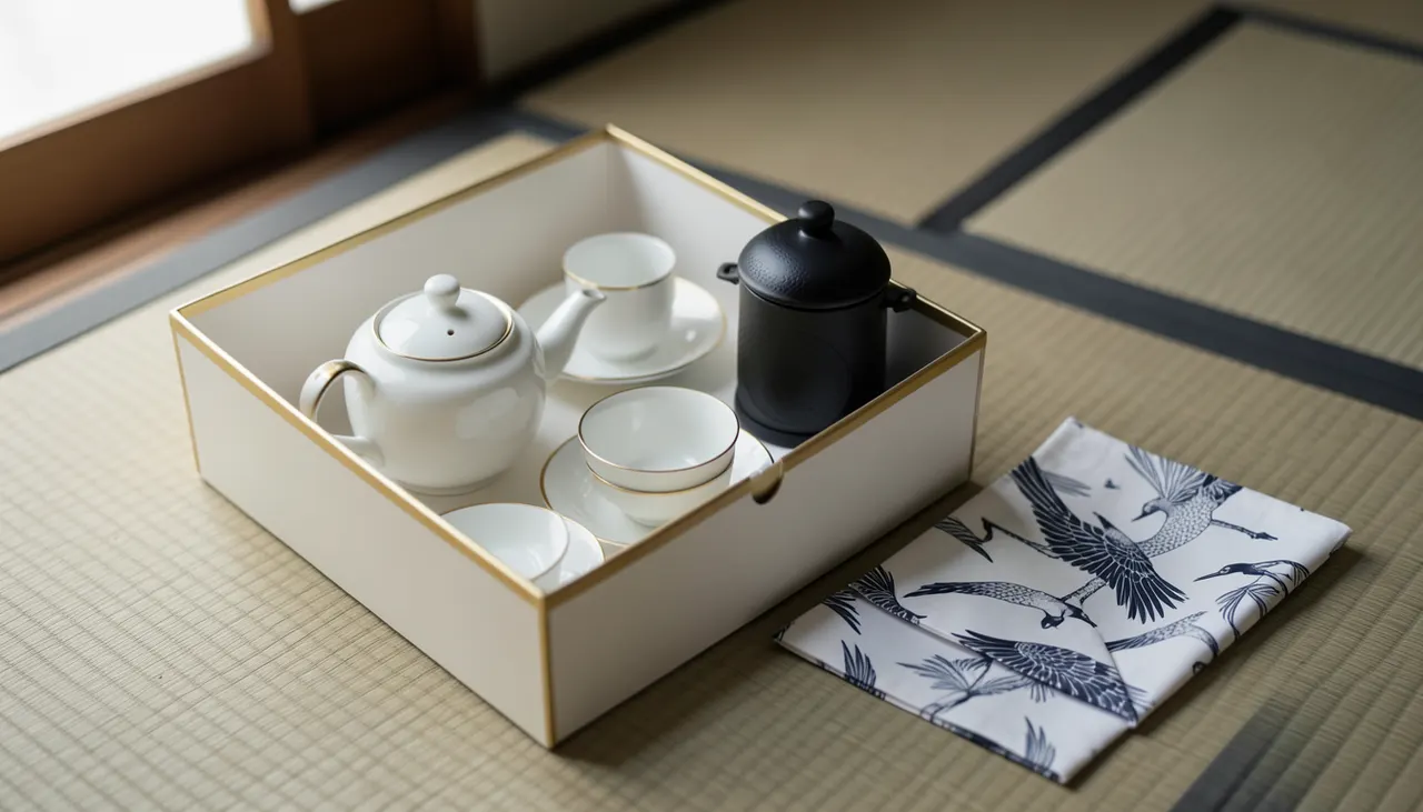 Coffret cadeau ouvert : théière porcelaine, deux tasses, boîte de thé, le tout enveloppé dans un furoshiki à motif grues