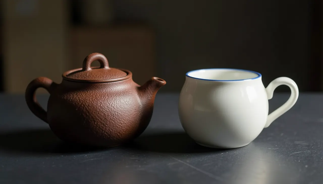 Comparaison matière : fonte vs porcelaine même capacité nominale Théière en fonte japonaise 1 L à côté d'une théière en porcelaine blanche 1 L