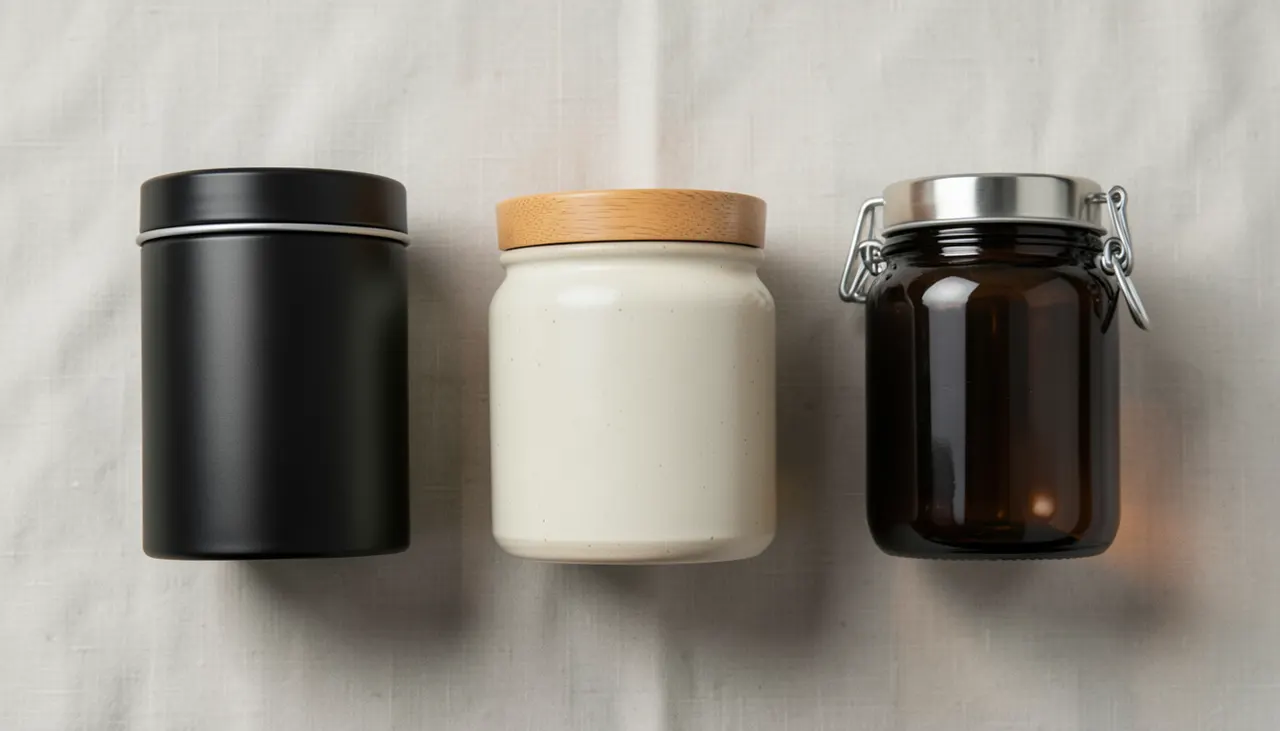 Comparatif contenants thé hermétiques Trois boîtes à thé : métal noir mat, céramique émaillée crème, verre opaque fumé, couvercles hermétiques joints silicone