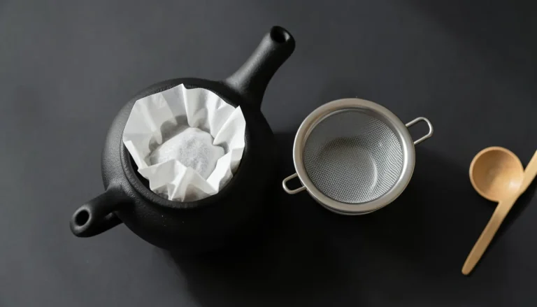 Filtre à thé en papier et filtre inox posés sur une théière en fonte japonaise