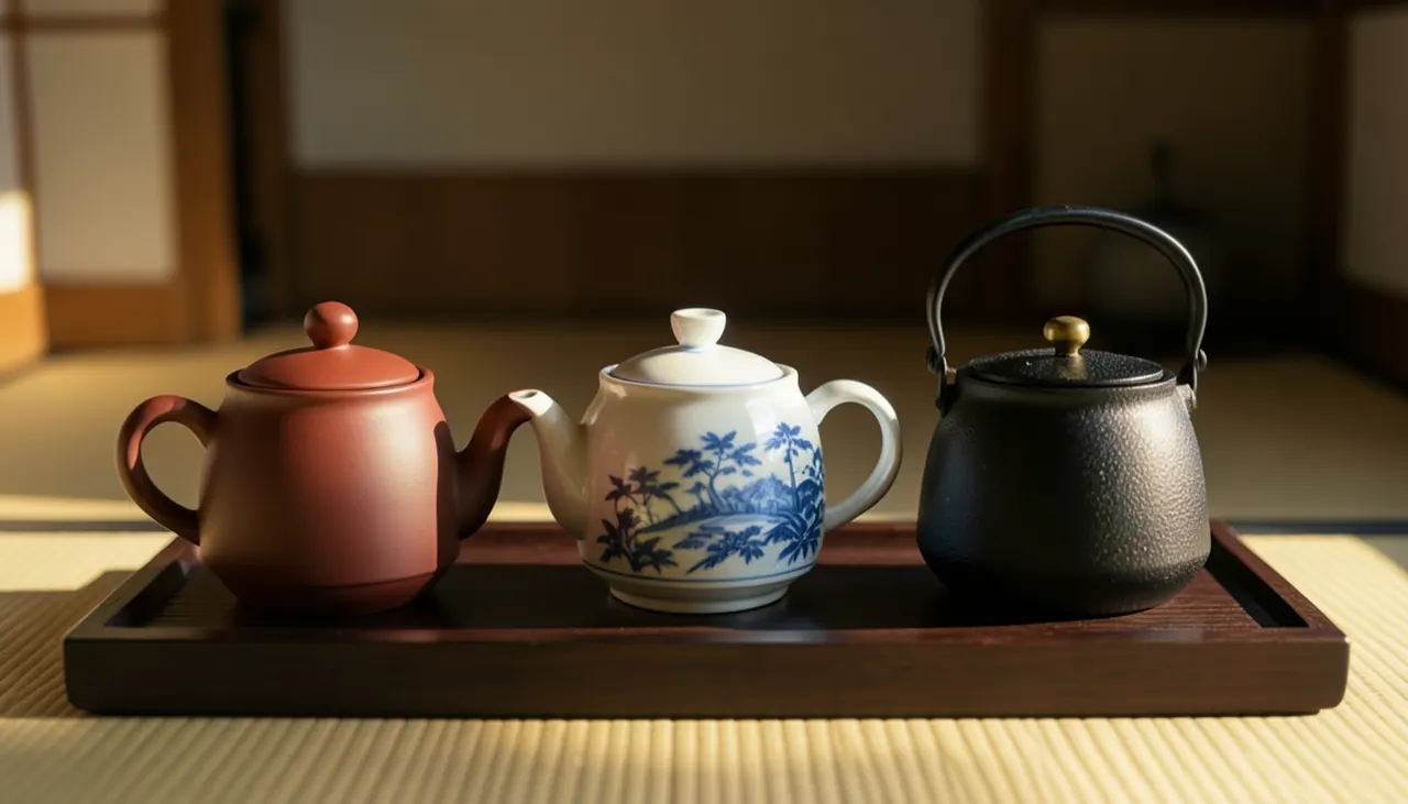 Comparatif matières : argile, porcelaine, fonte Trois Kyusu côte à côte : argile Tokoname, porcelaine Arita, fonte émaillée