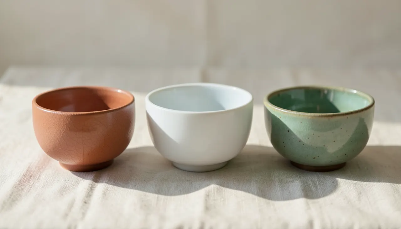 Comparatif matières chawan Trois bols chawan côte à côte : Raku terre cuite craquelée, porcelaine blanche fine, grès émaillé vert céladon, lumière latérale douce.