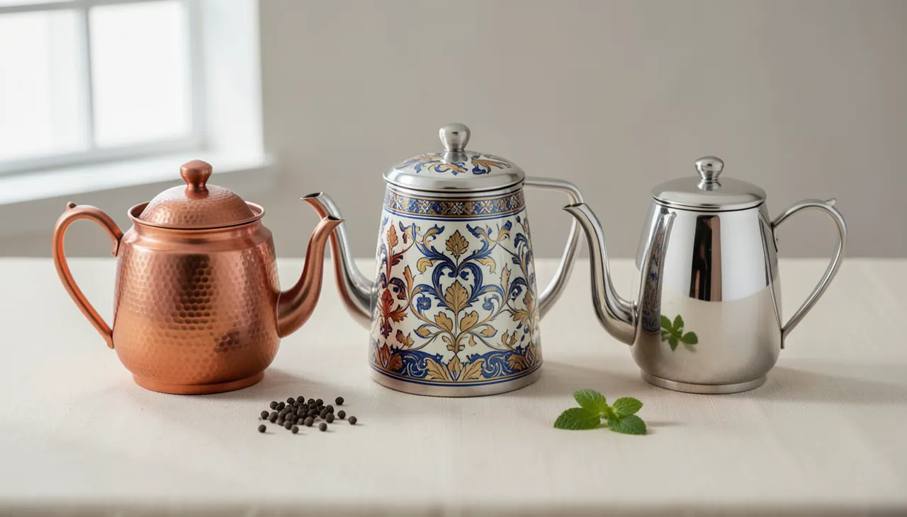 Comparatif matières : cuivre, inox émaillé, argent Trois théières marocaines côte à côte : cuivre ciselé, inox émaillé décoré, argent poli sur fond neutre