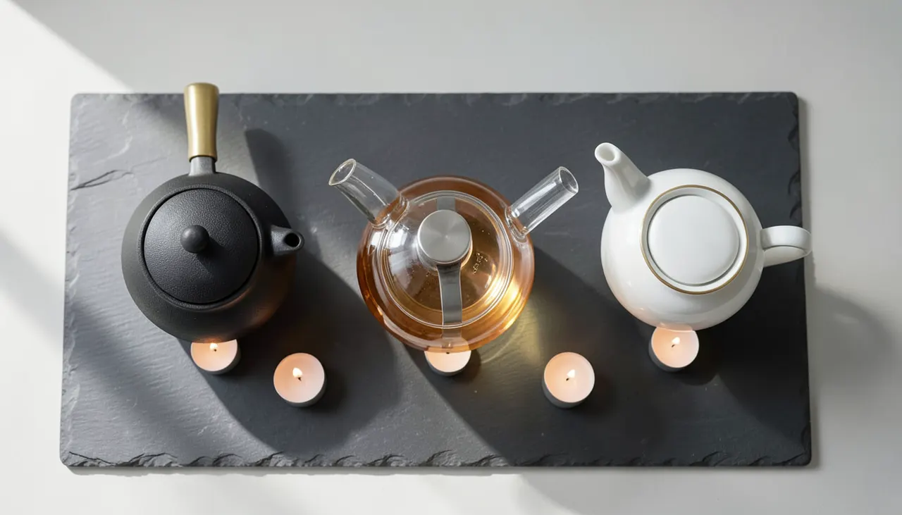 Comparatif matières théière réchaud Trois théières côte à côte : fonte noire, verre transparent, porcelaine blanche sur réchauds assortis