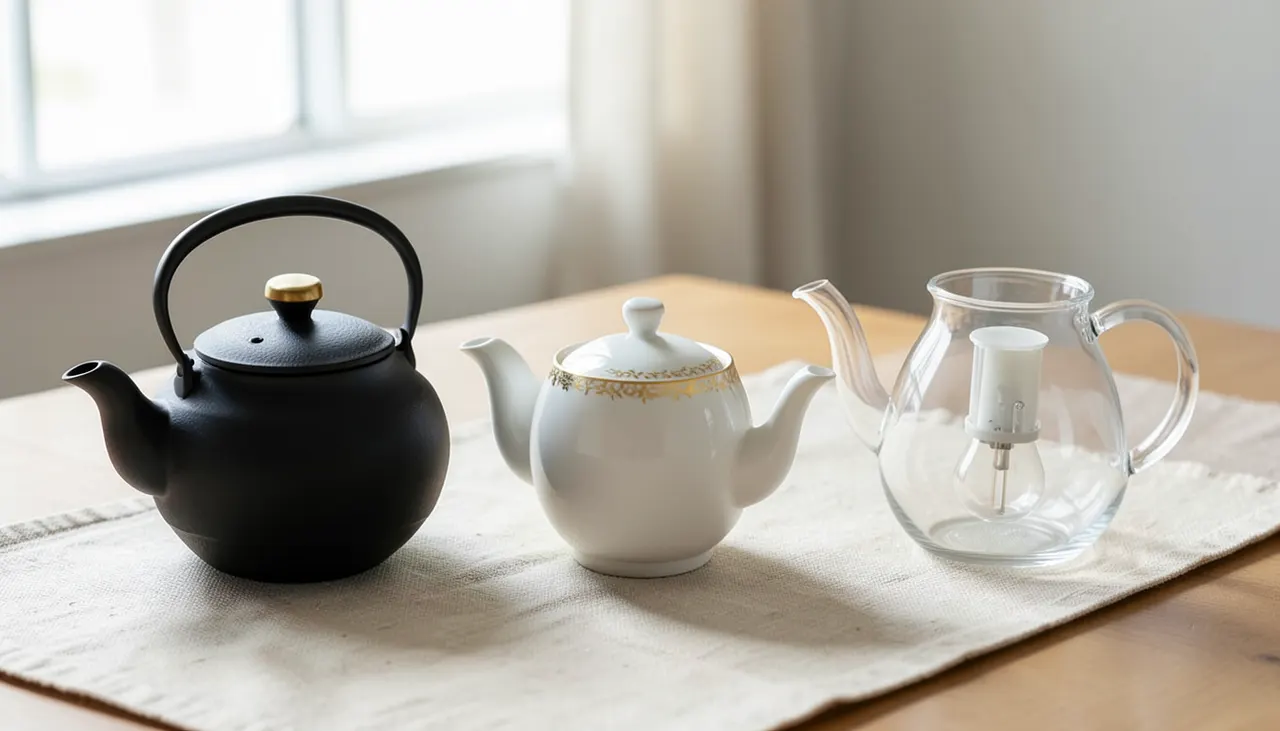 Trois théières côte à côte : fonte noire, porcelaine blanche à filet or, verre soufflé transparent, sur fond lin beige