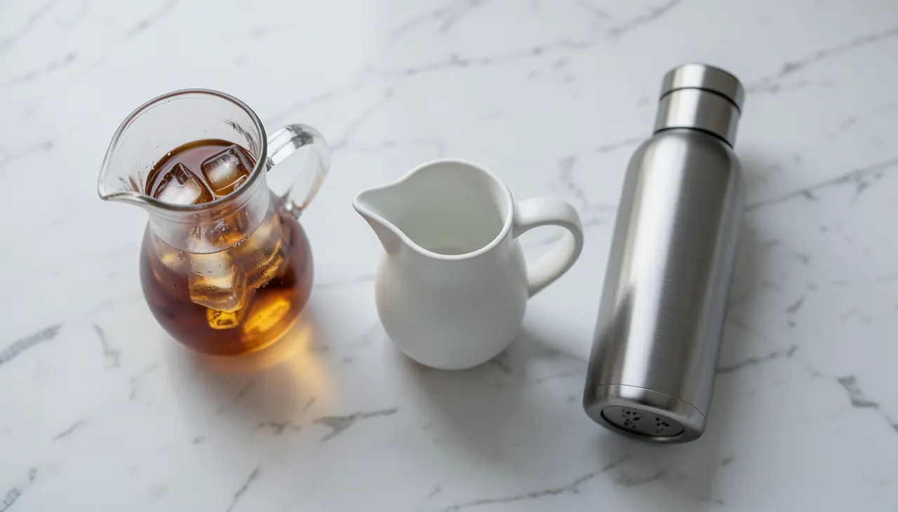 Comparatif récipients thé glacé Trois récipients pour thé glacé : carafe verre, pichet porcelaine, gourde inox sur plan de travail marbre