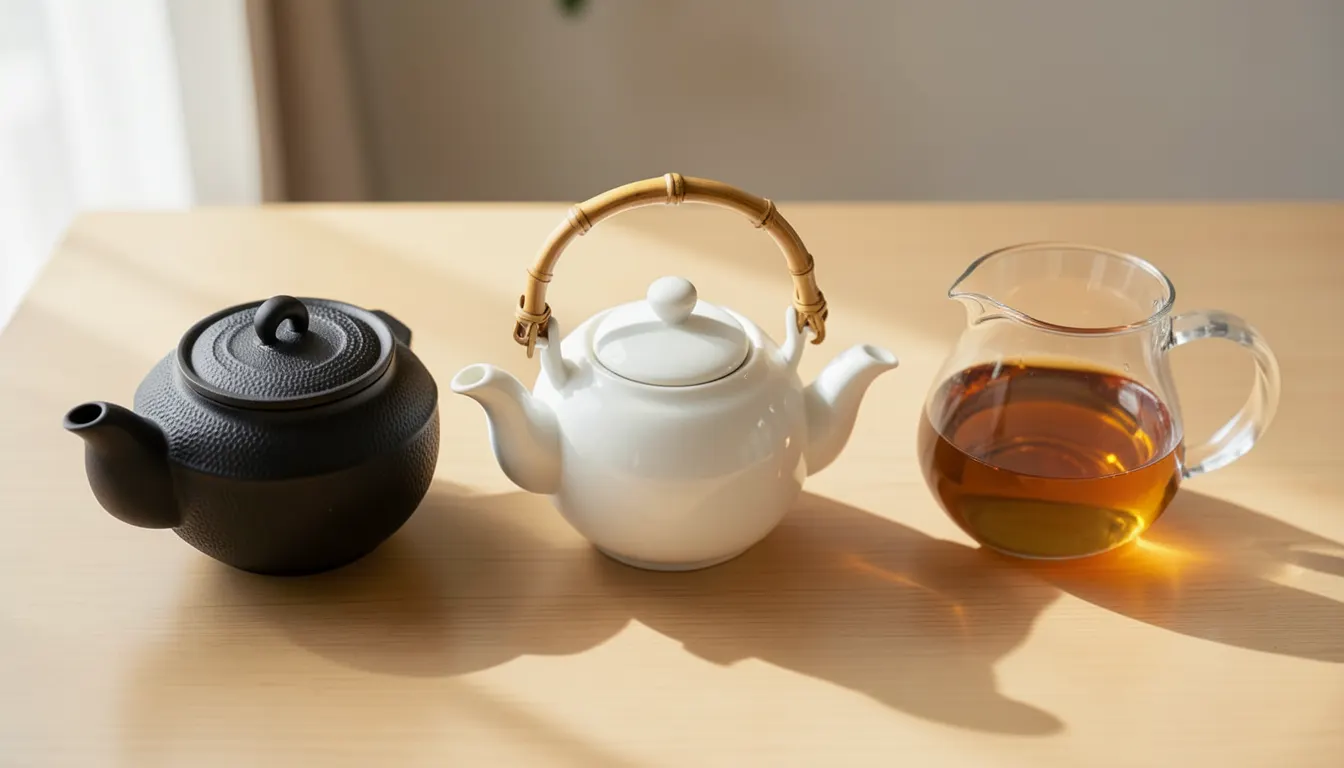 Comparatif visuel des capacités 0,5 L, 1 L et 1,5 L Trois théières en fonte, porcelaine et verre de capacités 0,5 L, 1 L et 1,5 L alignées sur une table en chêne clair