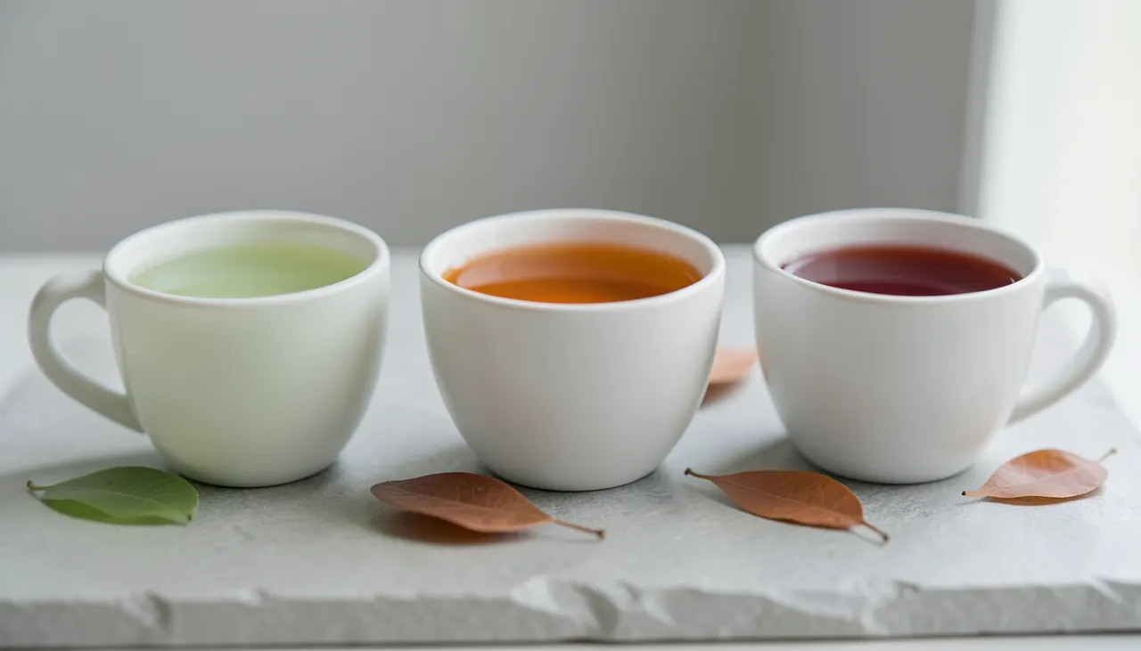 Trois tasses côte à côte montrant les couleurs des flushs Darjeeling : vert clair, ambré, cuivré