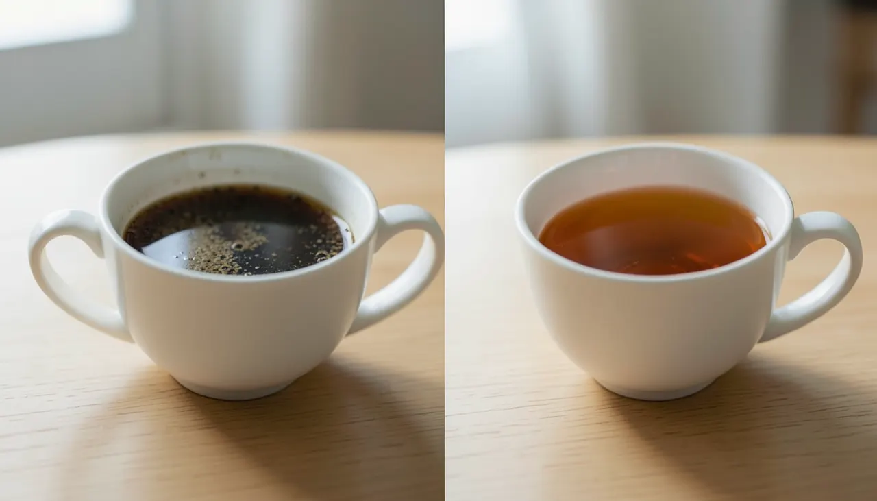 Comparatif visuel pression lente vs brutale Deux tasses côte à côte : liqueur trouble et foncée (erreur pressage brutal) vs liqueur limpide ambrée (pression lente), fond bois clair