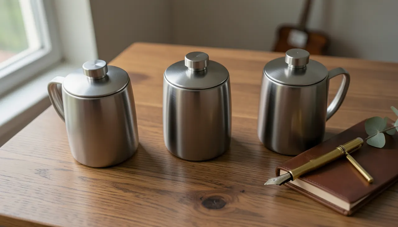 Comparatif volumes 300, 400 et 500 ml pour usage nomade Trois théières nomades isothermes côte à côte : 300 ml, 400 ml, 500 ml, acier brossé, sur un bureau en chêne avec carnet et stylo plume