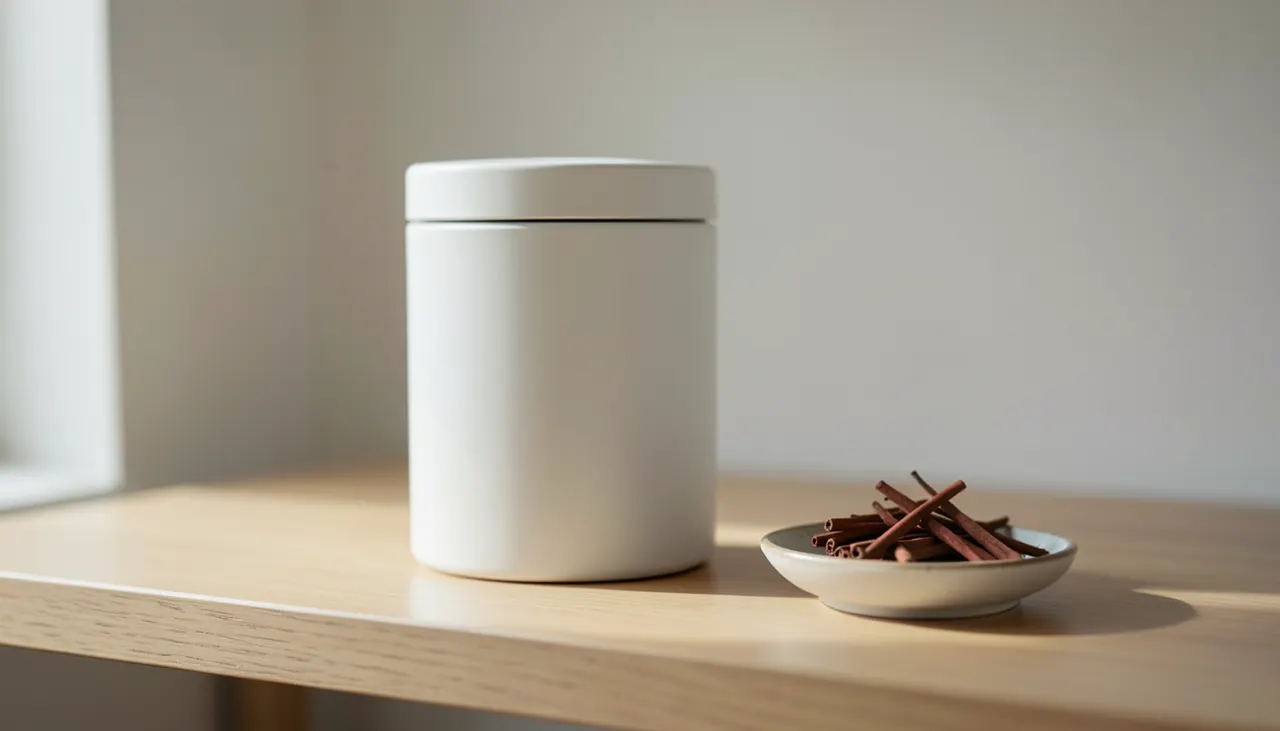 Conservation rooibos boîte métal Boîte à thé en métal mat blanc fermée sur étagère en bois clair