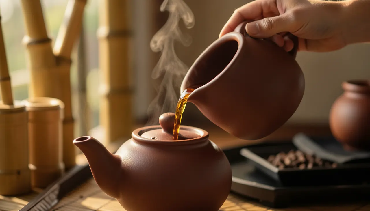 Culottage d'une théière en argile : infusion répétée Geste de verser du thé oolong dans une théière en argile Yixing pendant le culottage