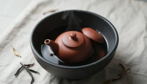 Théière en argile brute Yixing en cours de culottage, immergée dans un bain de thé foncé
