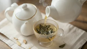 Tasse de thé Darjeeling first flush ambré clair dans une théière en porcelaine blanche à motif délicat, lumière naturelle douce